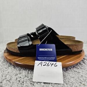 Birkenstock Mens 44 Arizona Birko-Flor Black Patent Leather Double Strap Sandal